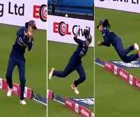 Harleen DeolPhenomenal catch against England by jumping the ropes and diving back into back